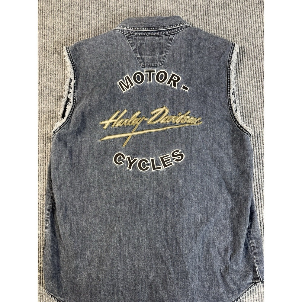 Harley-Davidson Sleeveless Denim Vest Black Button-Up Embroidered Men's Large - Picture 1 of 5